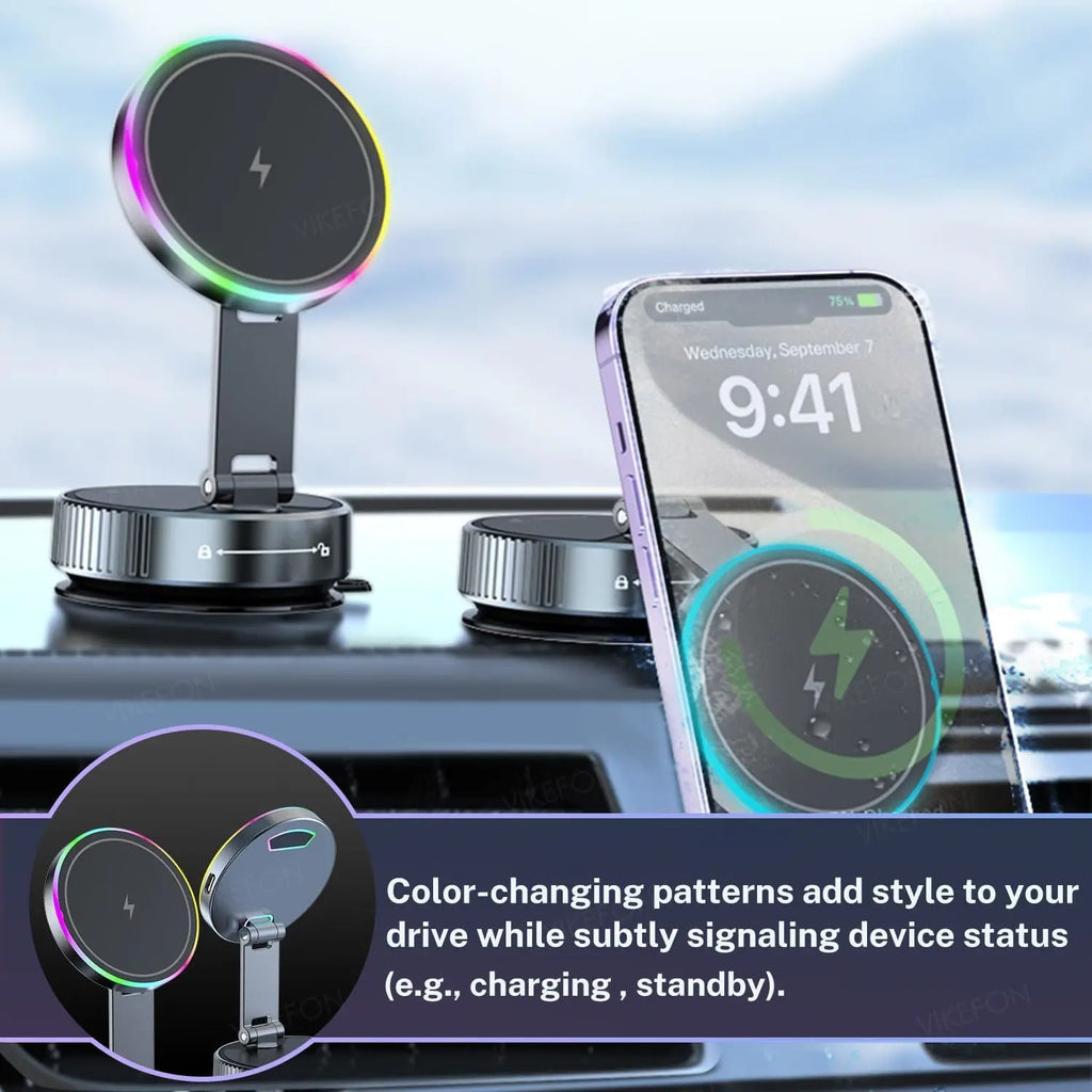 Cooling Wireless Charger Car Phone Holder with Breathing RGB Light Magnetic Suction Cellphone Bracket  for iPhone 12/13/14/15/16
